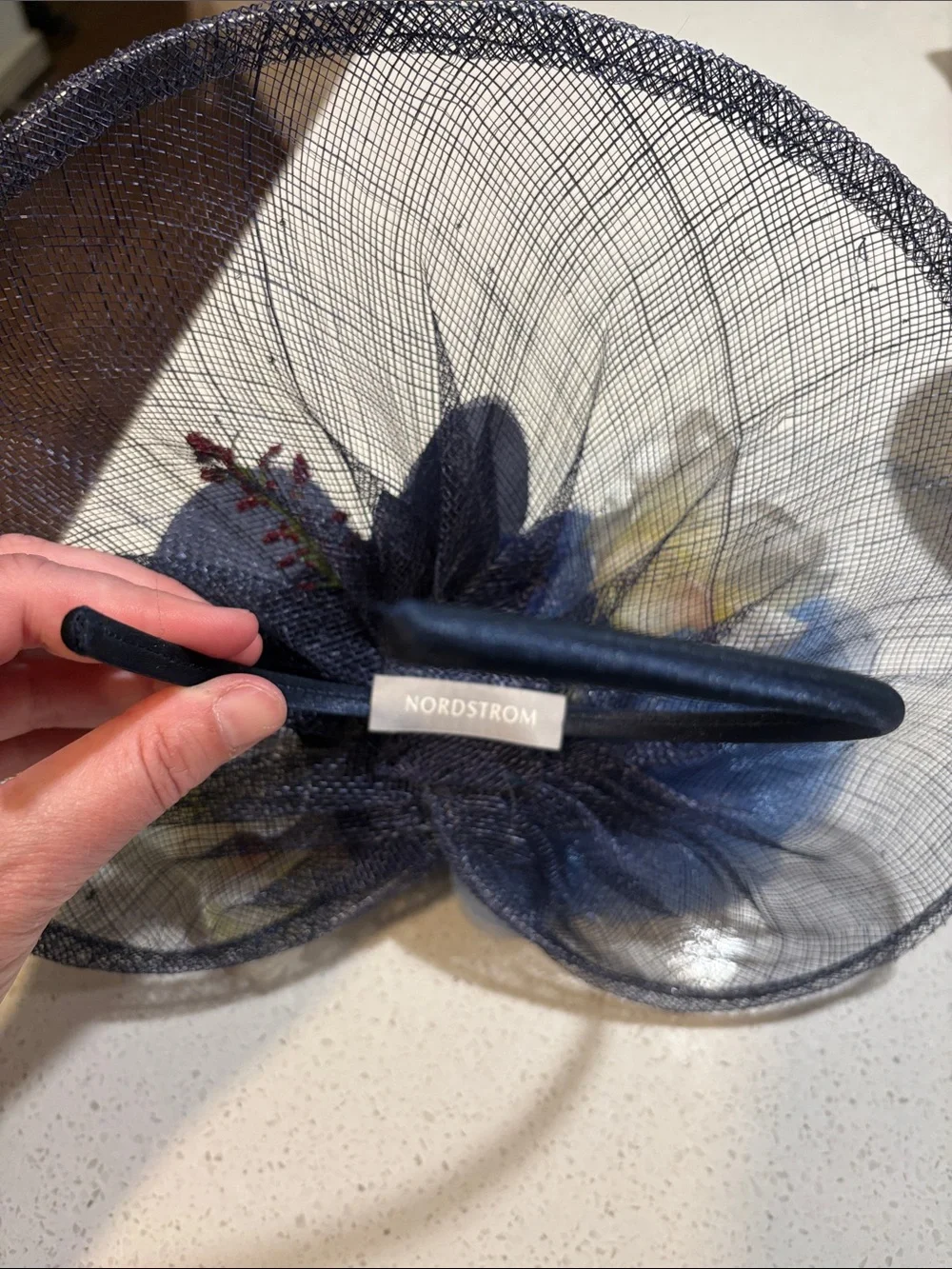 Nordstrom Navy Mesh Headband with Blue and White Floral Accents